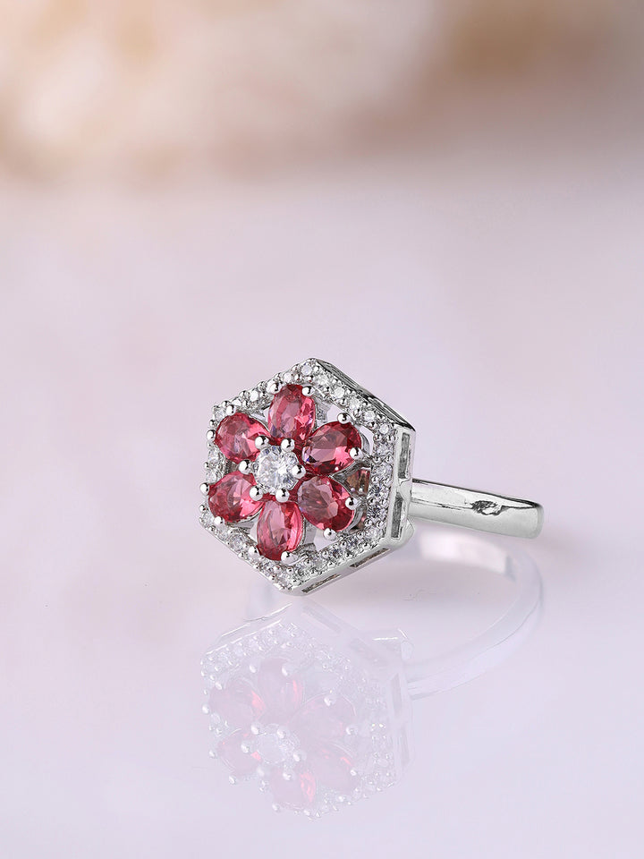 Priyaasi Silver-Plated American Diamond Ring with Ruby Brilliance