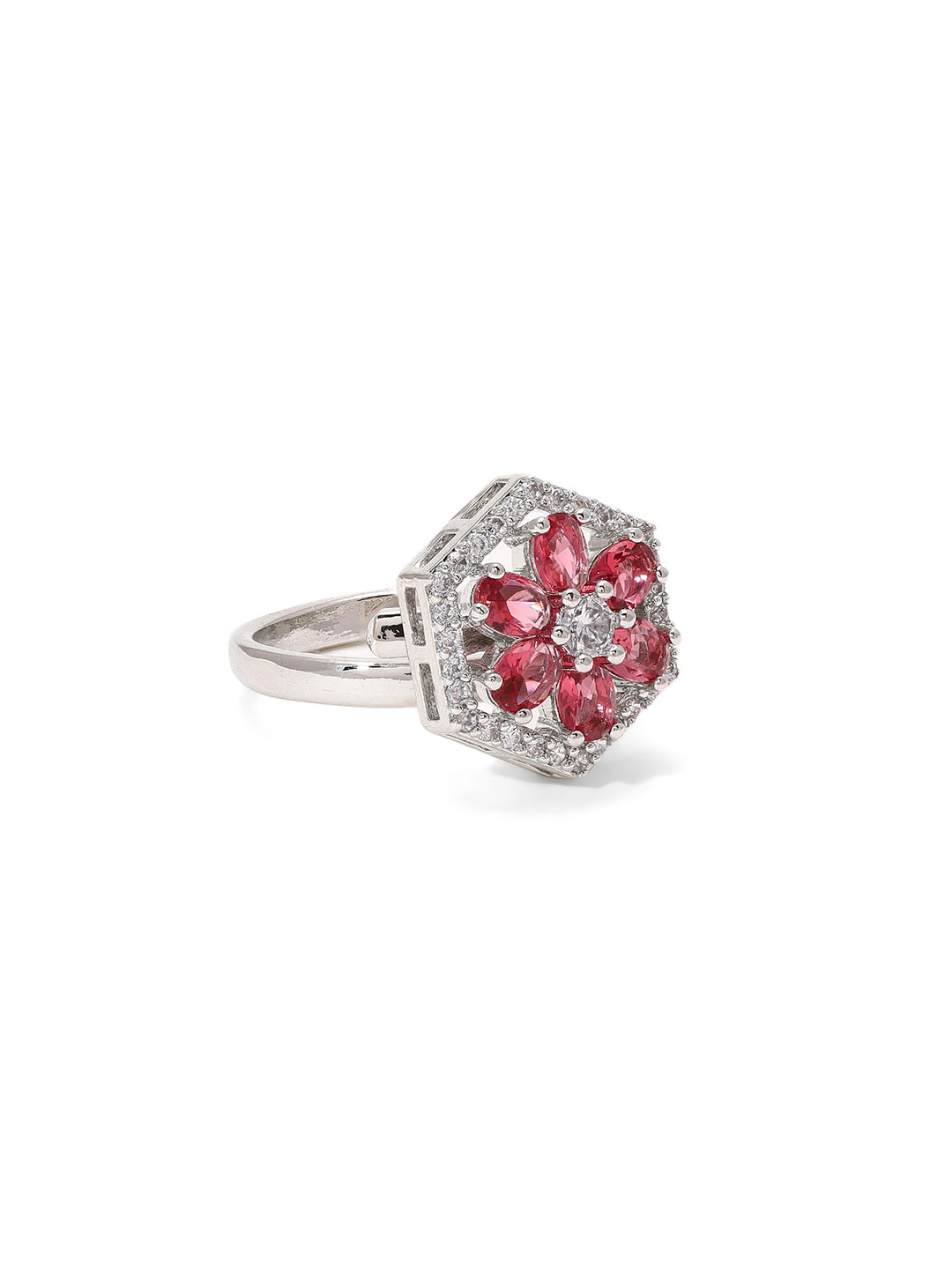 Priyaasi Silver-Plated American Diamond Ring with Ruby Brilliance