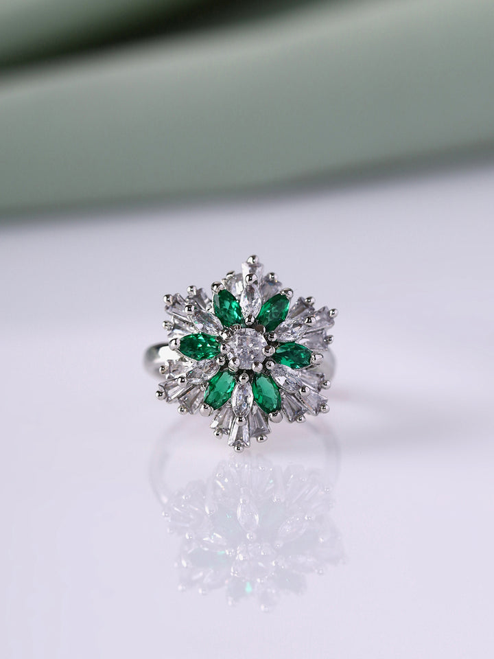 Priyaasi Ethereal Elegance Silver-Plated American Diamond Ring Adorned with Radiant Green Stones