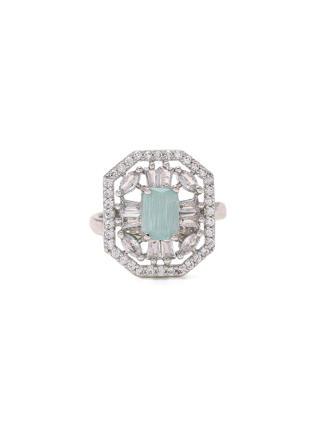 Priyaasi Silver-Plated Splendor with American Diamond Brilliance in Mint Majesty Ring