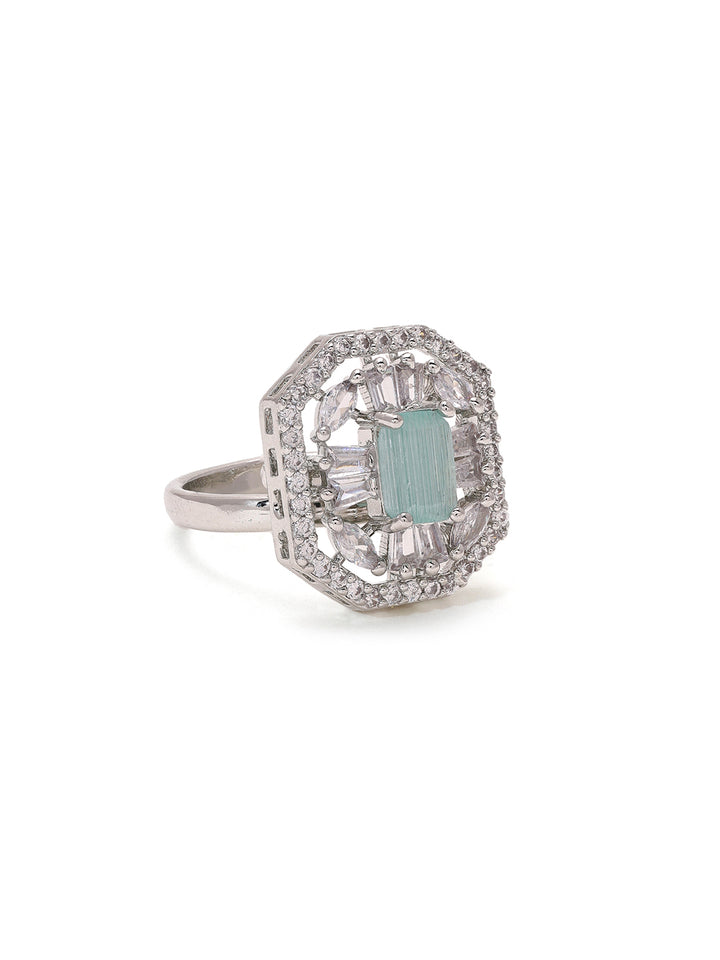 Priyaasi Silver-Plated Splendor with American Diamond Brilliance in Mint Majesty Ring