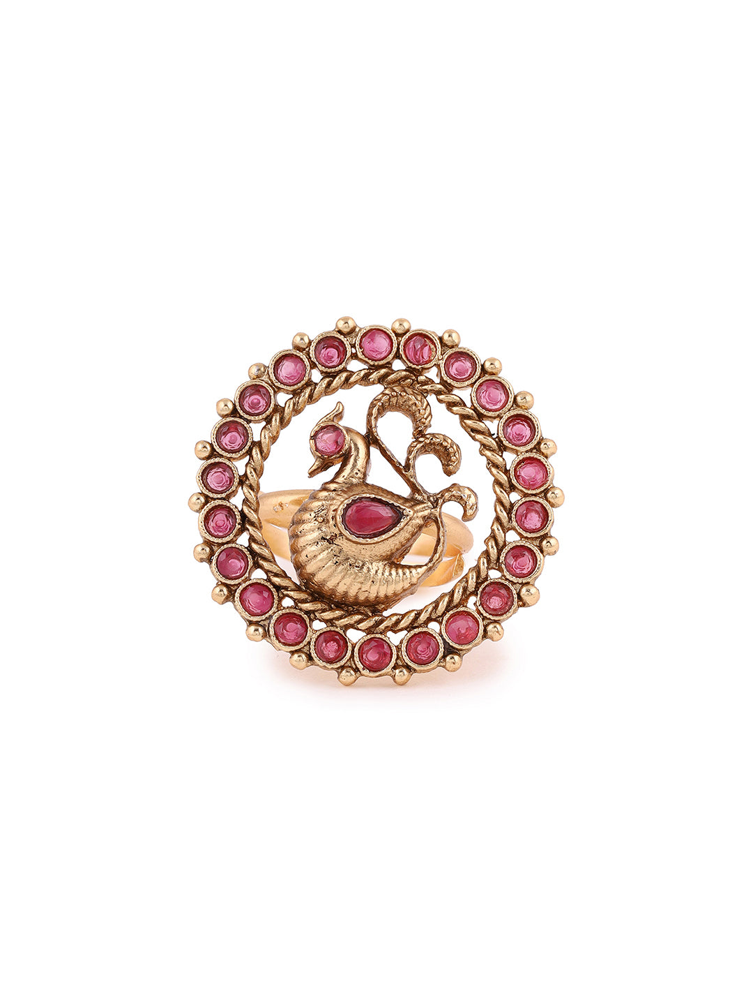 Priyaasi Ruby Stoned Peacock Design Temple Style Ring