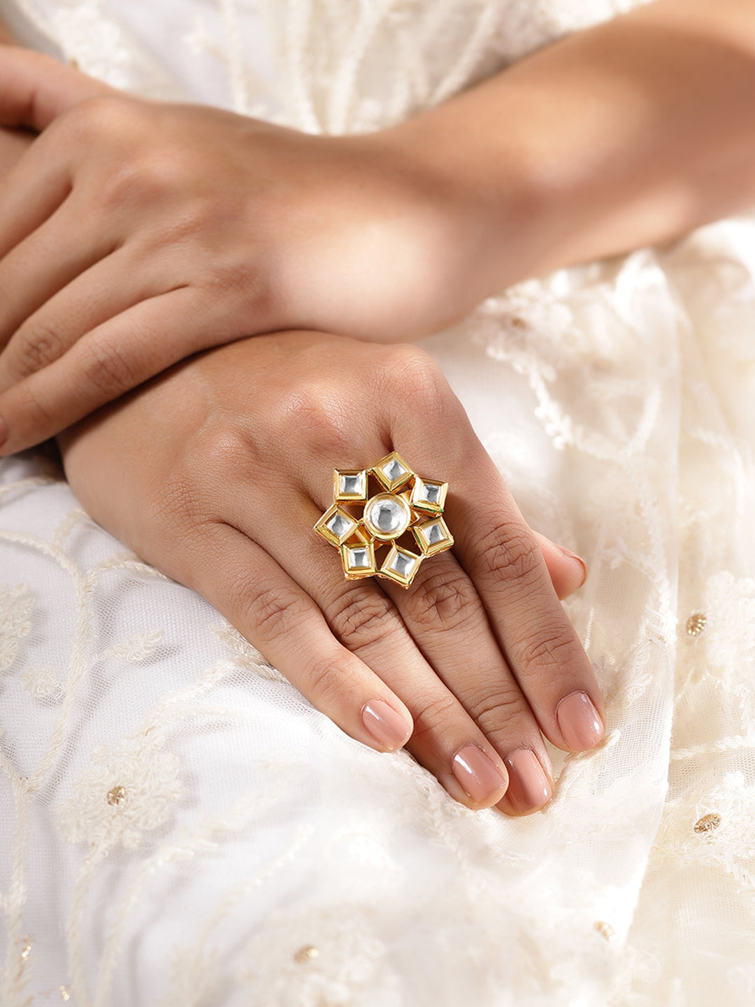 Priyaasi Floral Design Kundan Gold Plated adjustable Elegant ring