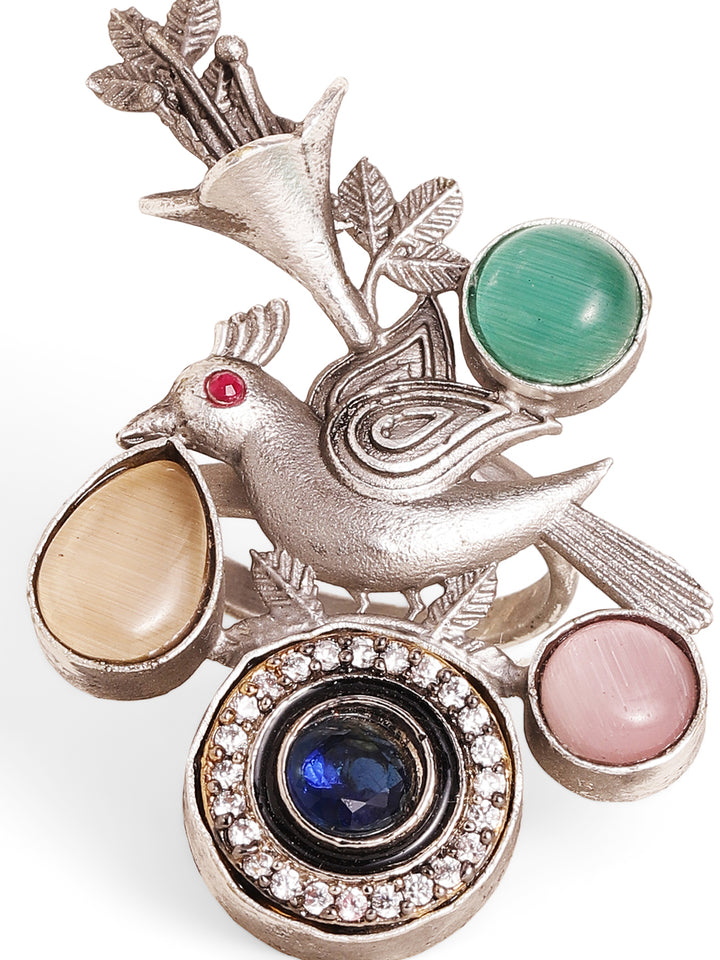 Multi Stoned Bird Elegance Oxidized Fancy Statement Adjustable Silver Plated Ring