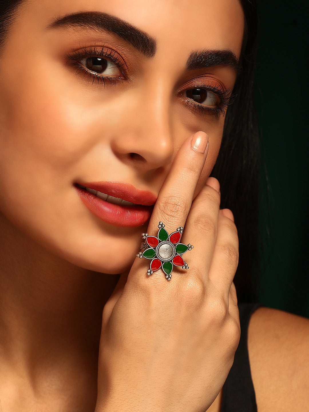 Priyaasi Silver Plated Red/Green Oxidized Meenakari Ring