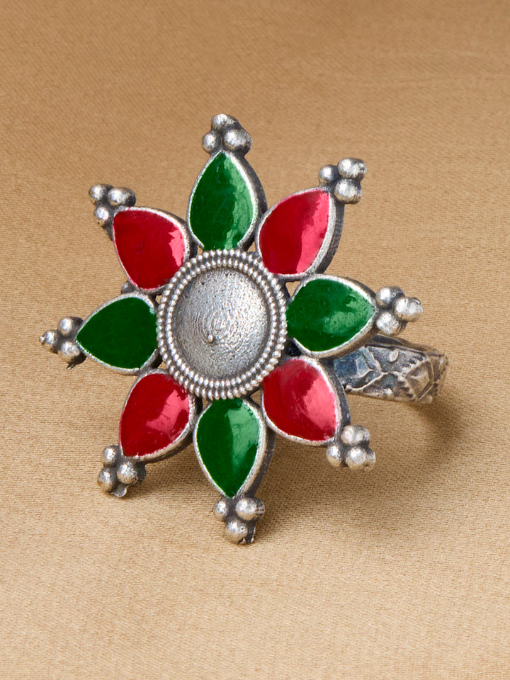 Priyaasi Silver Plated Red/Green Oxidized Meenakari Ring