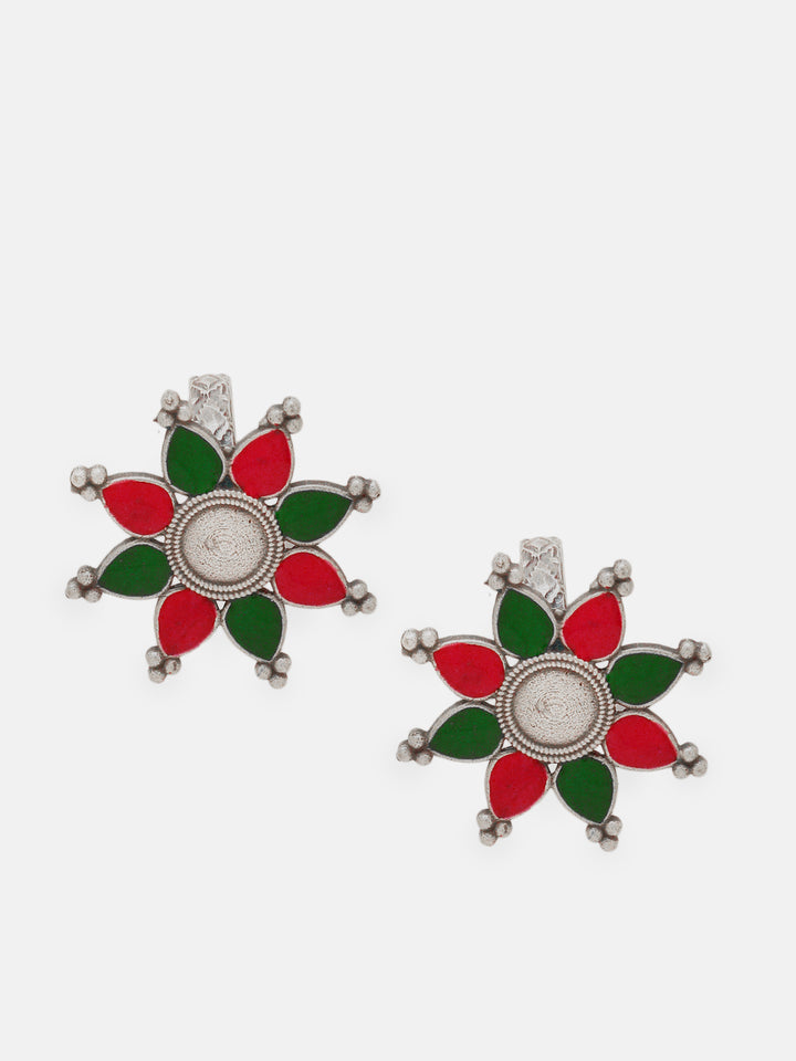 Priyaasi Silver Plated Red/Green Oxidized Meenakari Ring