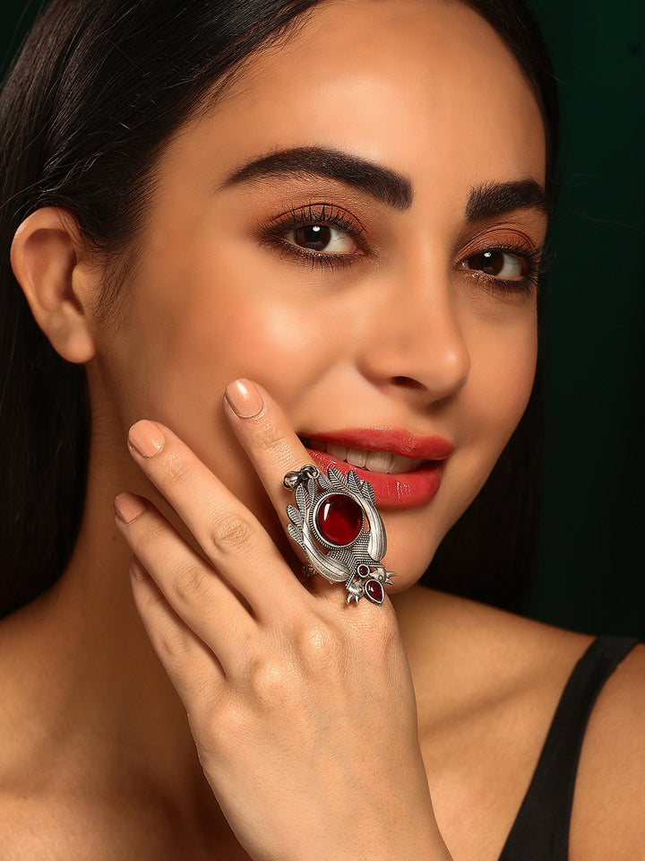 Priyaasi Silver Plated Red Ruby Oxidized Ring