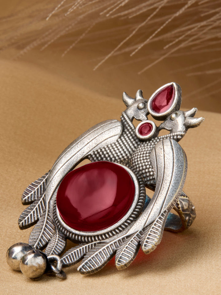 Priyaasi Silver Plated Red Ruby Oxidized Ring