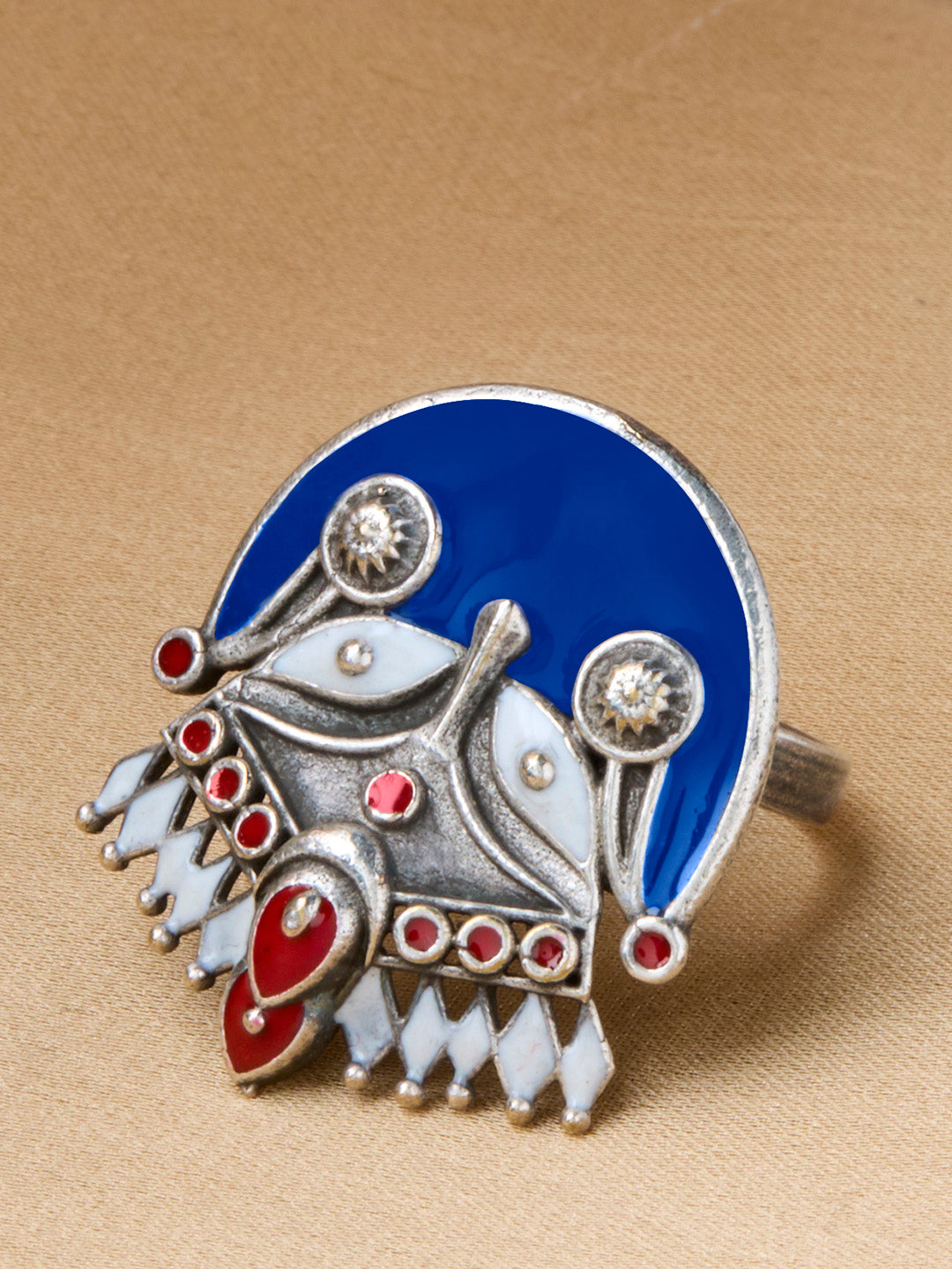 Priyaasi Silver Plated Blue Oxidized Meenakari Ring