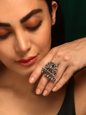 Priyaasi Silver Plated Red/Green Oxidized Meenakari Peacock Ring