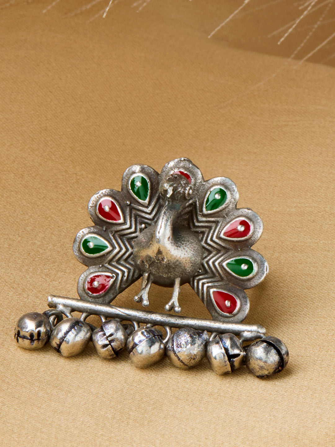 Priyaasi Silver Plated Red/Green Oxidized Meenakari Peacock Ring