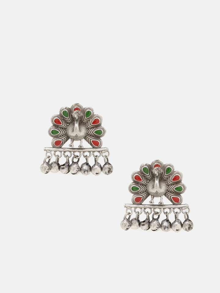 Priyaasi Silver Plated Red/Green Oxidized Meenakari Peacock Ring