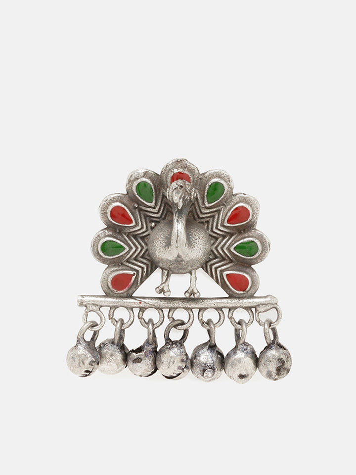 Priyaasi Silver Plated Red/Green Oxidized Meenakari Peacock Ring