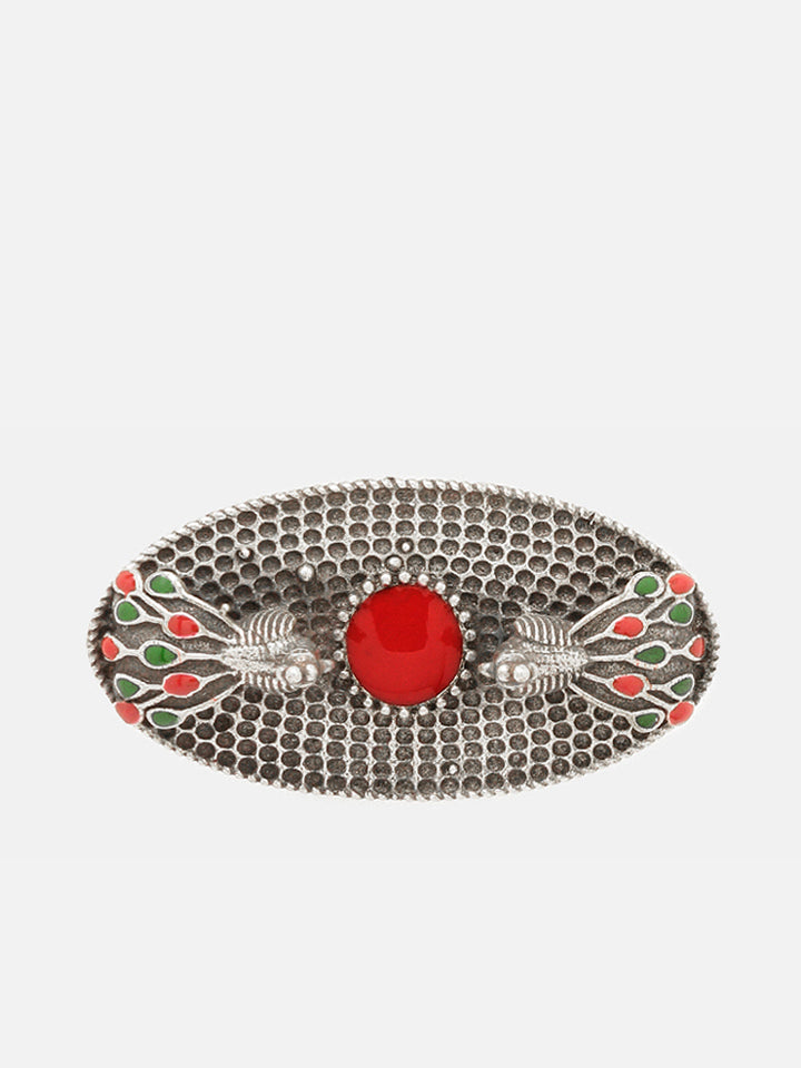 Priyaasi Silver Plated Red Oxidized Meenakari Ring