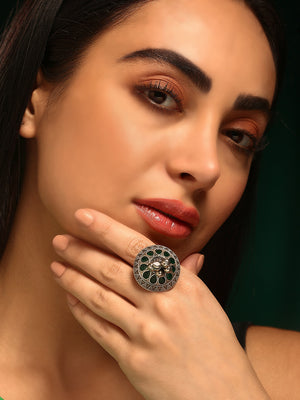 Priyaasi Silver Plated Green Oxidized Emarld Ring