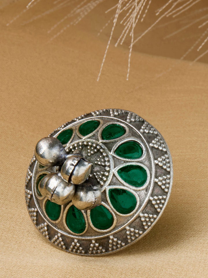 Priyaasi Silver Plated Green Oxidized Emarld Ring