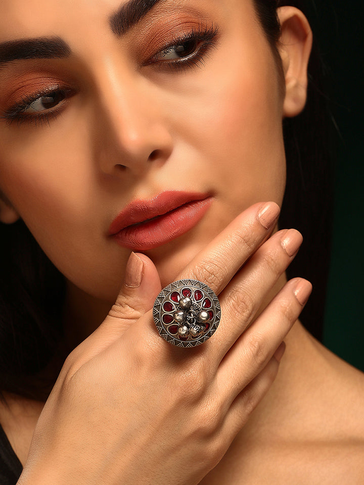 Priyaasi Silver Plated Red Oxidized Kemp Ring