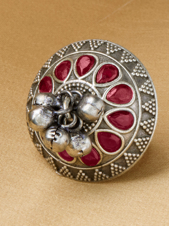 Priyaasi Silver Plated Red Oxidized Kemp Ring