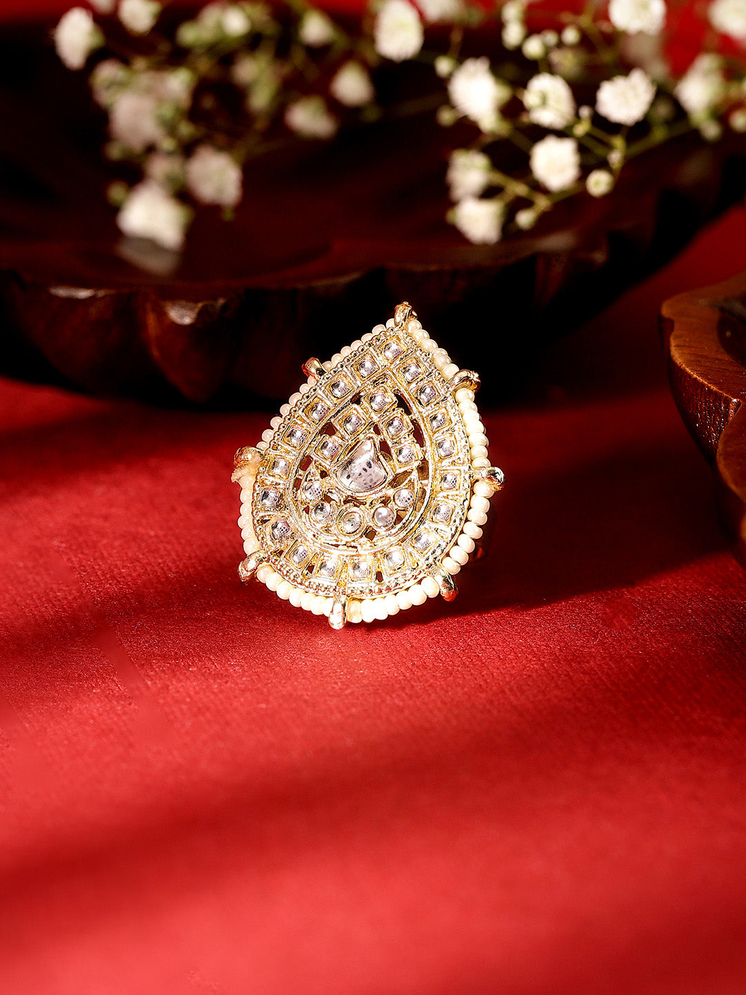 Kundan Pearl Sequence Drop Shape Elegance Gold Plated Adjustable Ring