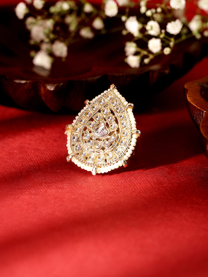Kundan Pearl Sequence Drop Shape Elegance Gold Plated Adjustable Ring