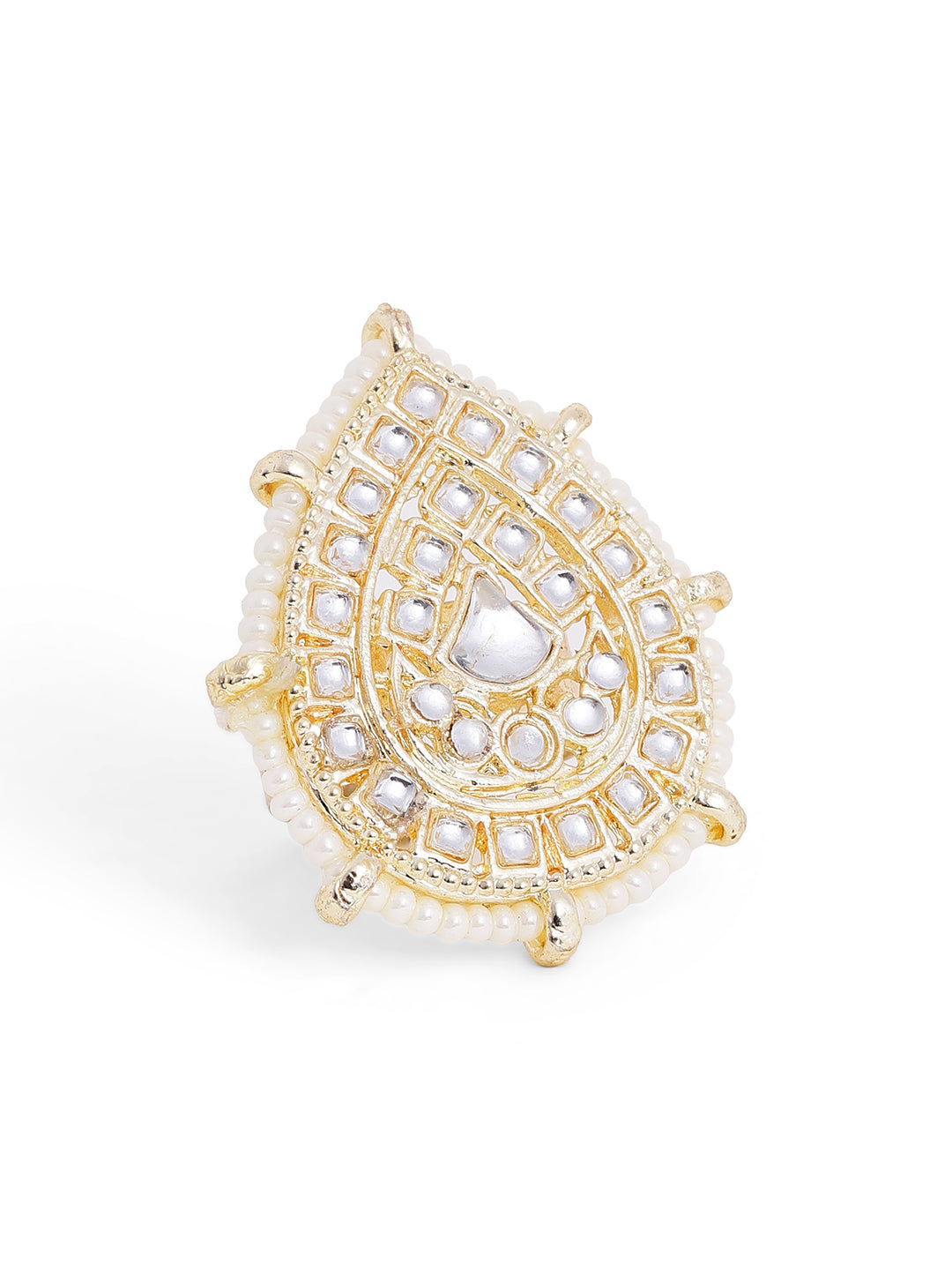 Kundan Pearl Sequence Drop Shape Elegance Gold Plated Adjustable Ring