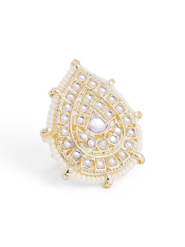Kundan Pearl Sequence Drop Shape Elegance Gold Plated Adjustable Ring