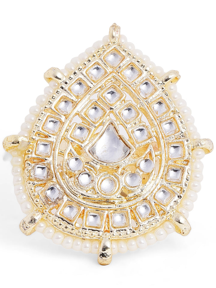 Kundan Pearl Sequence Drop Shape Elegance Gold Plated Adjustable Ring