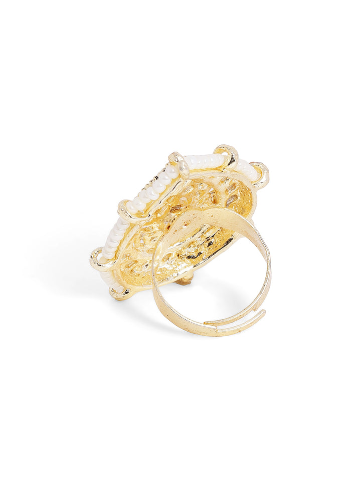 Kundan Pearl Sequence Drop Shape Elegance Gold Plated Adjustable Ring
