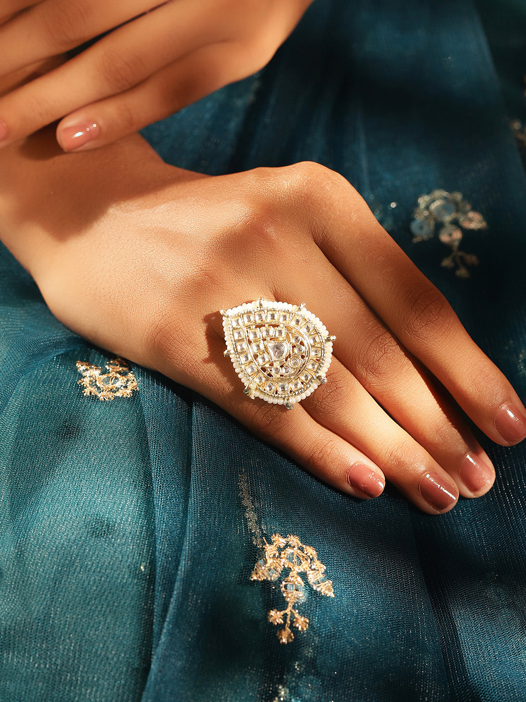 Kundan Pearl Sequence Drop Shape Elegance Gold Plated Adjustable Ring