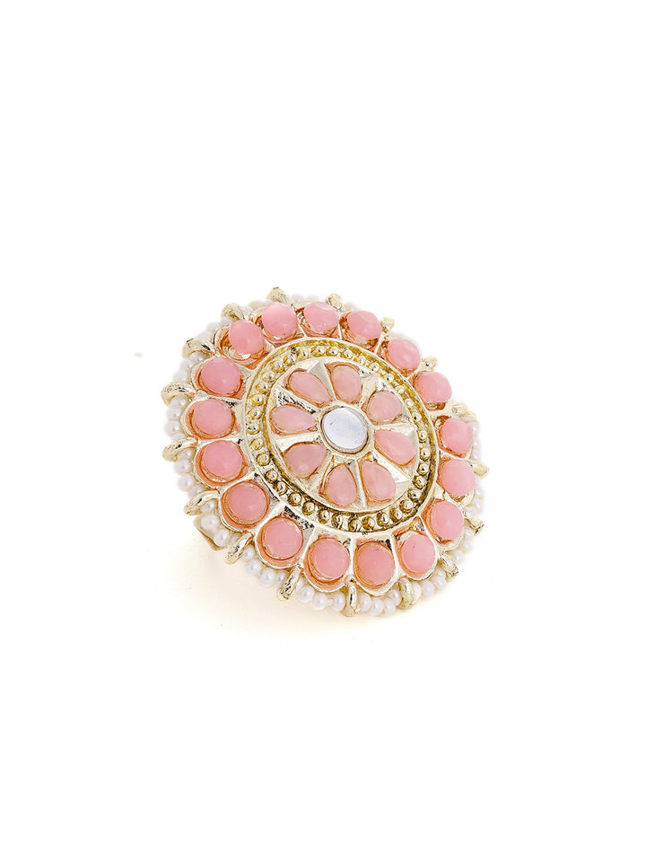 Baby Pink Floral Elegance Pearl Finest Gold Plated Adjustable Ring