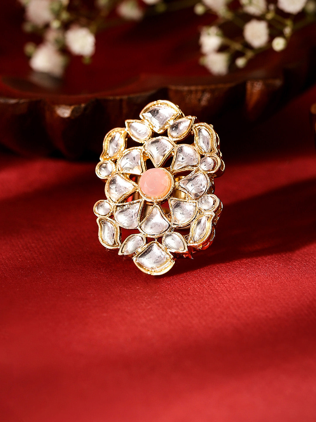 Floral Kundan Peach Stoned Gold Plated Adjustable Ring
