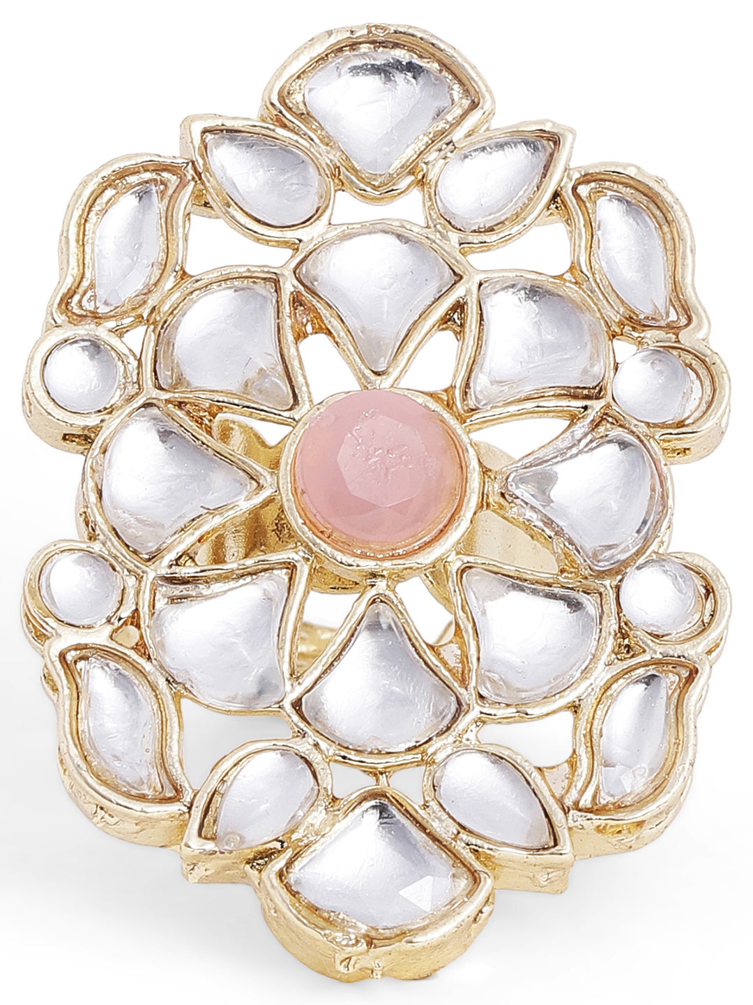 Floral Kundan Peach Stoned Gold Plated Adjustable Ring