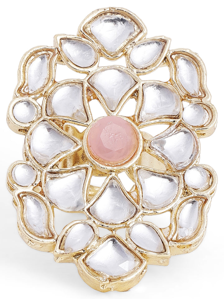 Floral Kundan Peach Stoned Gold Plated Adjustable Ring