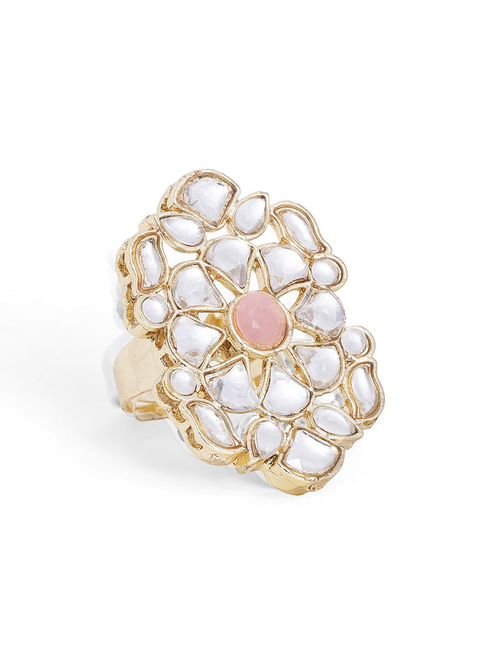 Floral Kundan Peach Stoned Gold Plated Adjustable Ring