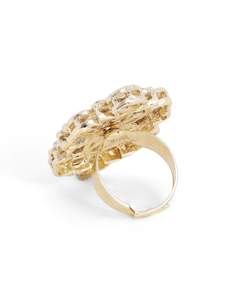 Floral Kundan Peach Stoned Gold Plated Adjustable Ring