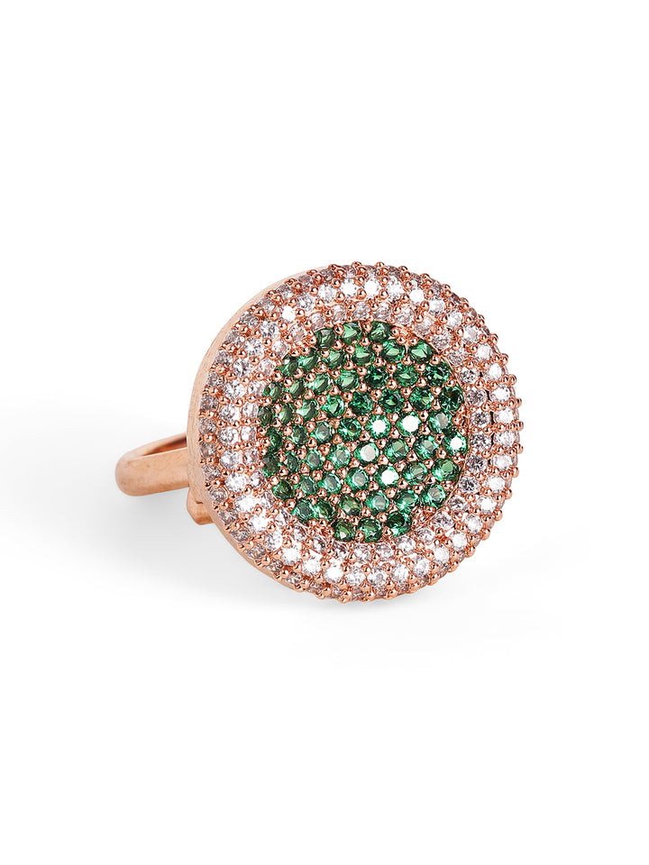 Green Stoned American Diamond Geometric Elegance Rosegold Plated Ring