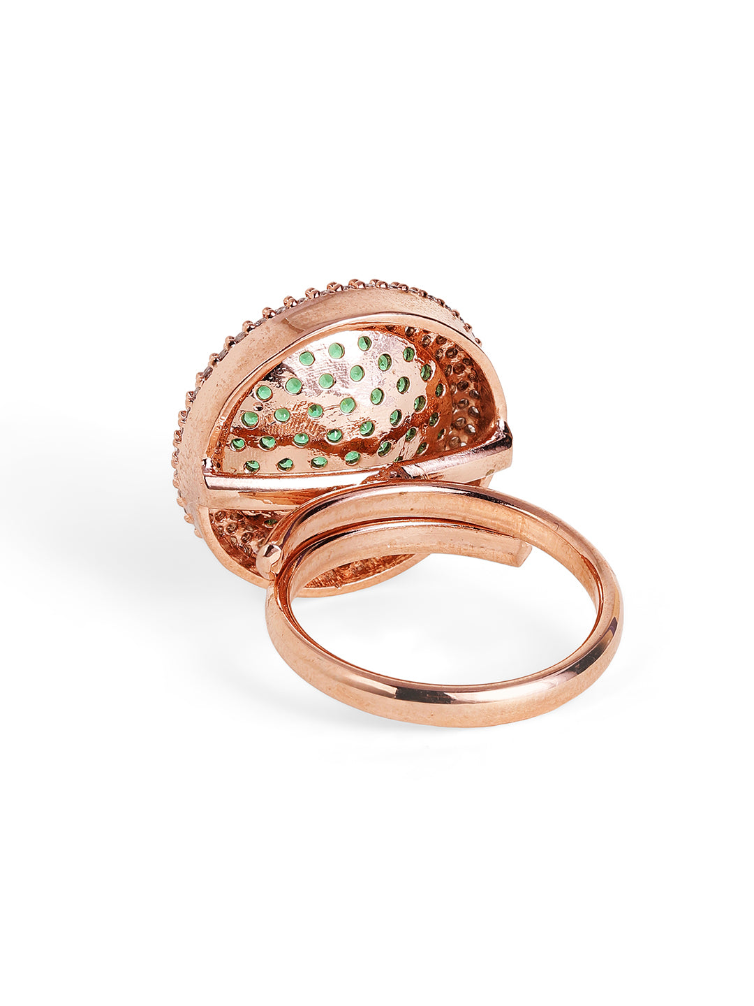 Green Stoned American Diamond Geometric Elegance Rosegold Plated Ring