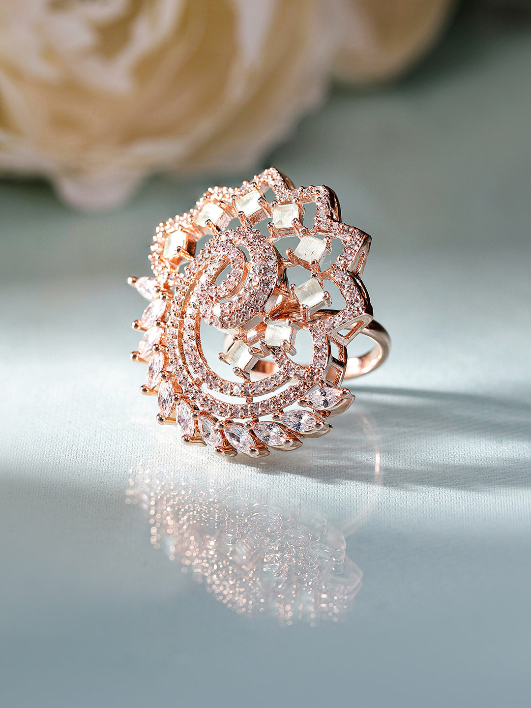 Mint Stoned American Diamond Peacock Style Rosegold Plated Ring