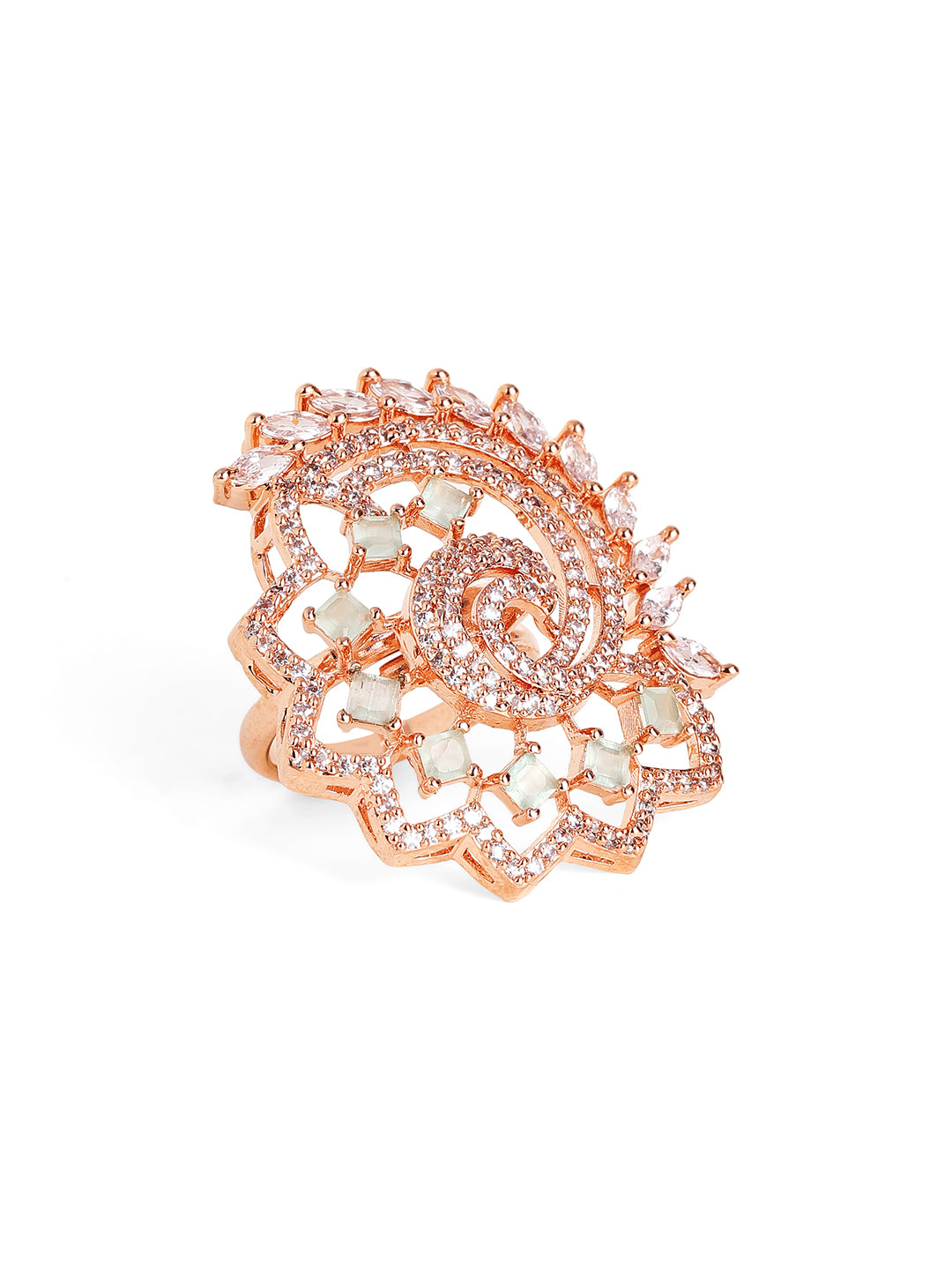 Mint Stoned American Diamond Peacock Style Rosegold Plated Ring