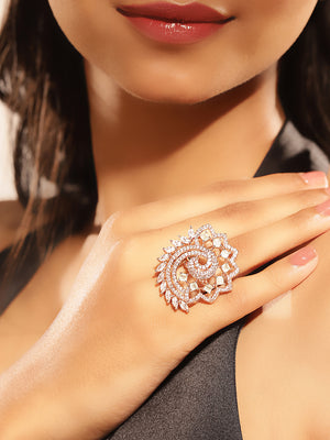 Mint Stoned American Diamond Peacock Style Rosegold Plated Ring