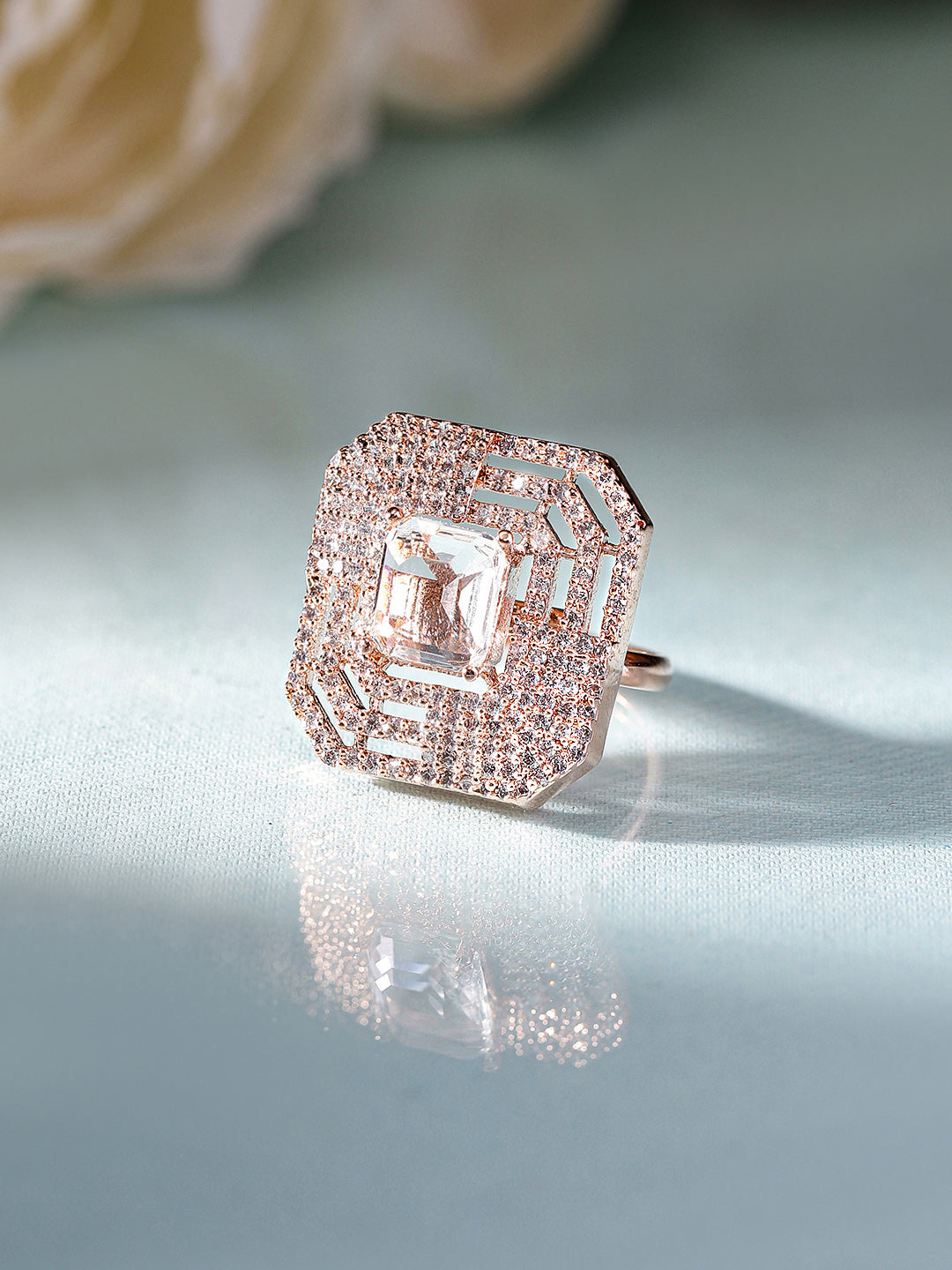 Geometric American Diamond Rosegold Plated Ring