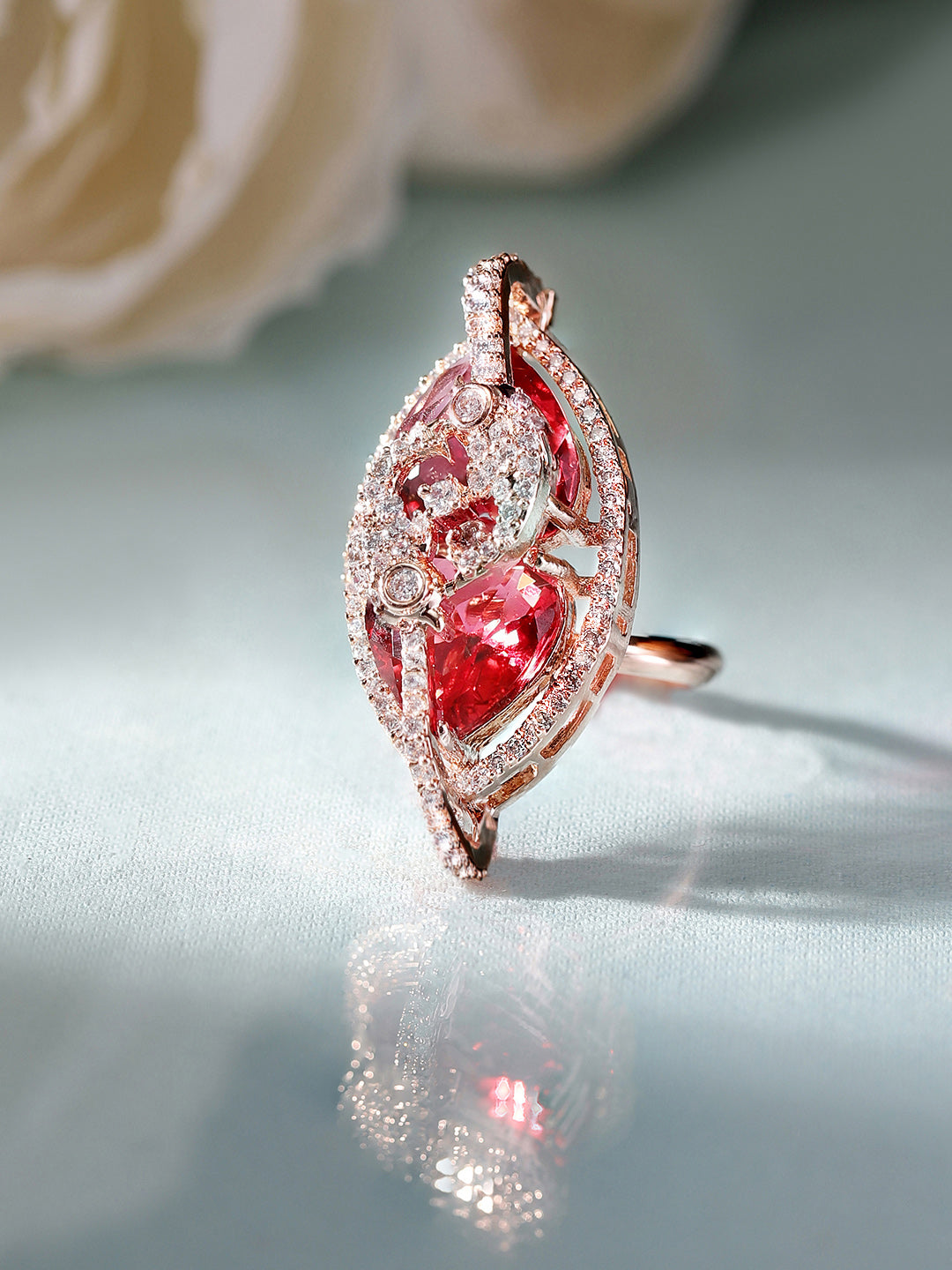 Ruby Stoned Floral Style Rosegold Plated American Diamond Finger Ring