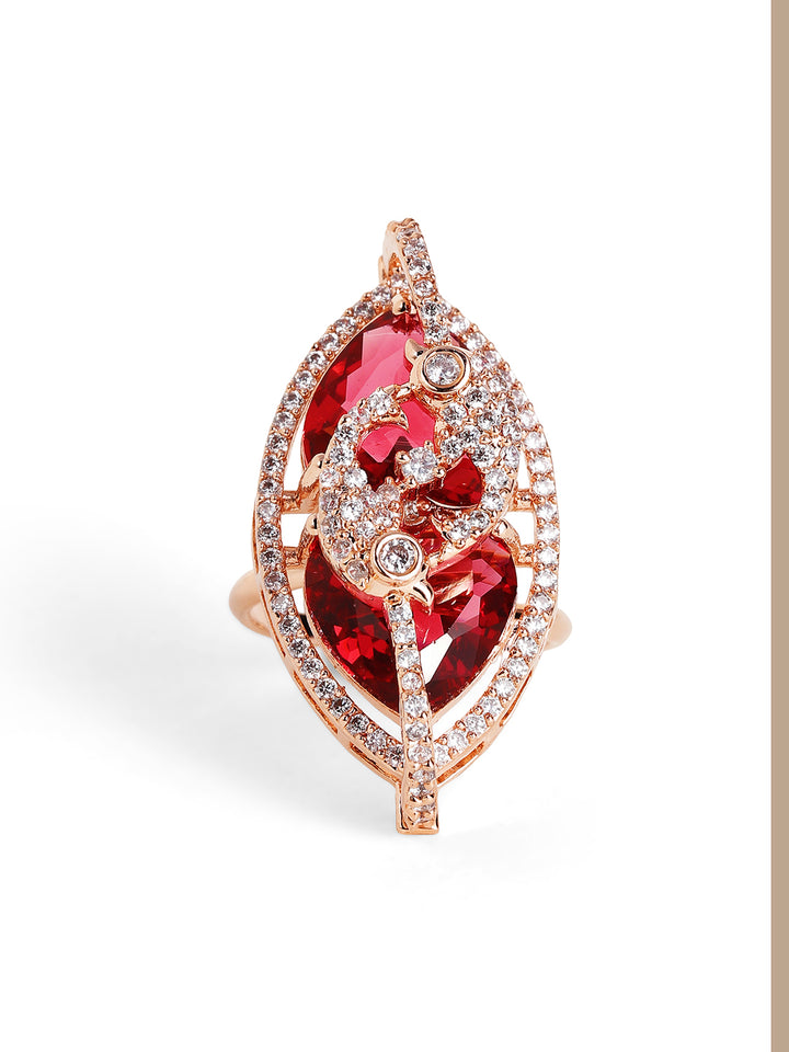 Ruby Stoned Floral Style Rosegold Plated American Diamond Finger Ring