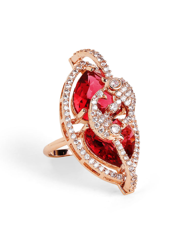 Ruby Stoned Floral Style Rosegold Plated American Diamond Finger Ring