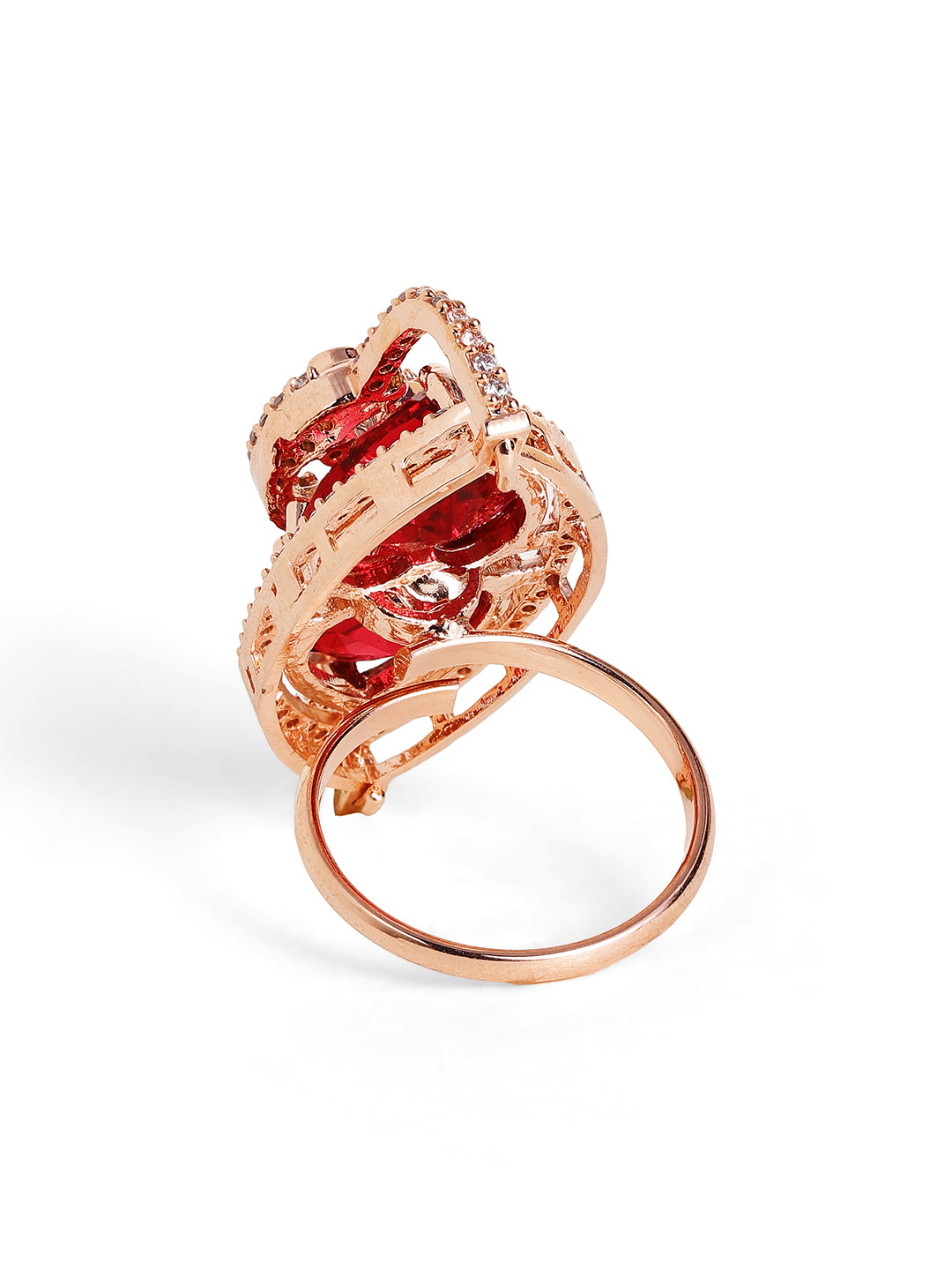 Ruby Stoned Floral Style Rosegold Plated American Diamond Finger Ring