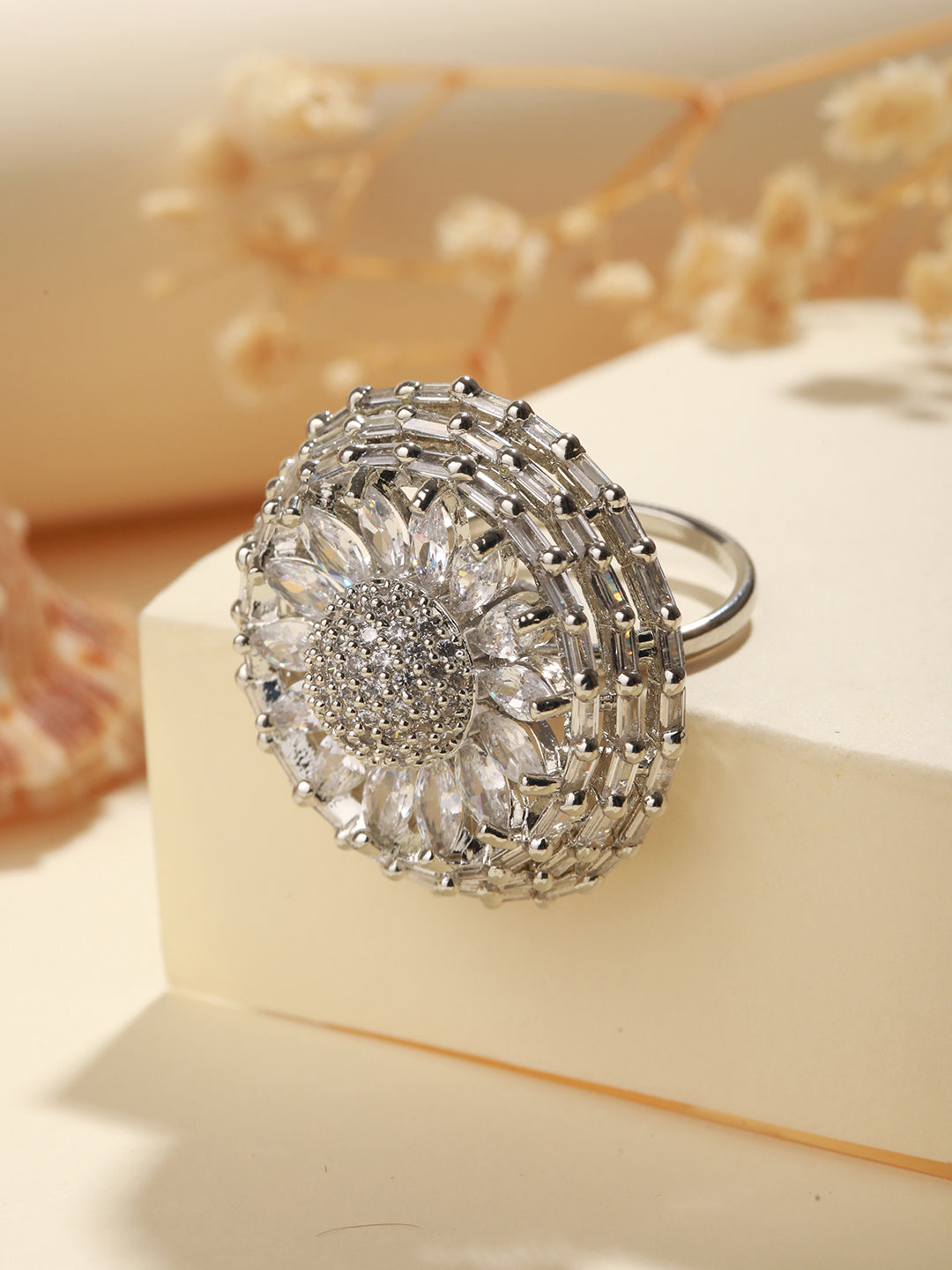 Priyaasi Shining Flower American Diamond Silver-Plated Cocktail Ring
