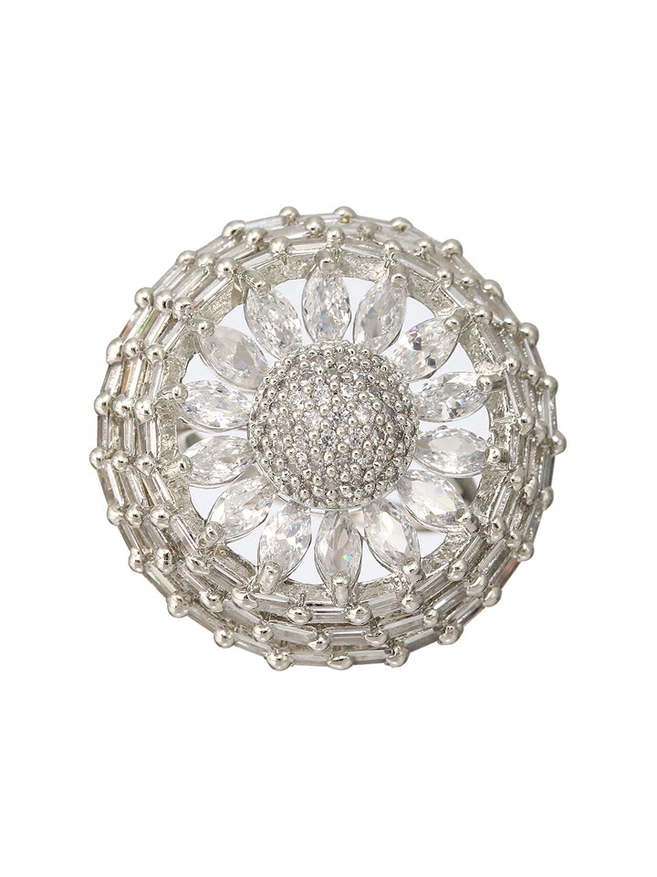 Priyaasi Shining Flower American Diamond Silver-Plated Cocktail Ring