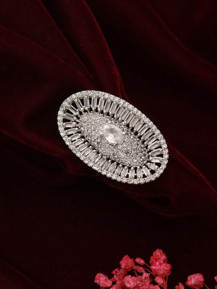 Priyaasi Oval Elegance American Diamond Silver-Plated Cocktail Ring