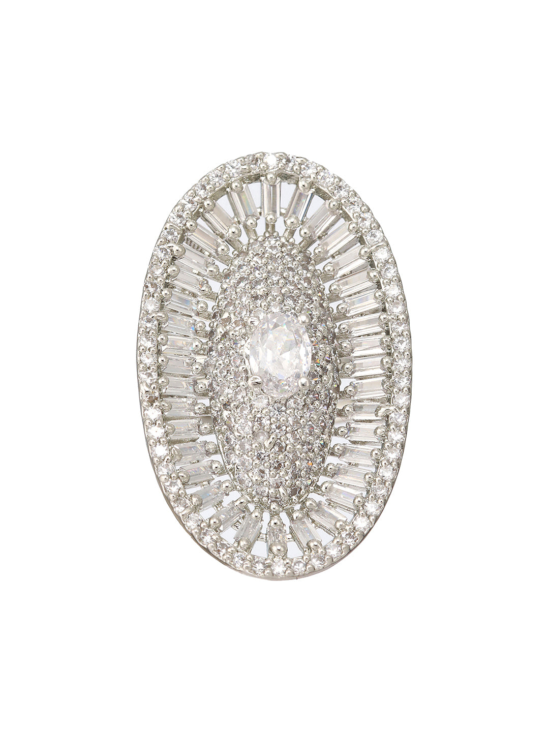 Priyaasi Oval Elegance American Diamond Silver-Plated Cocktail Ring